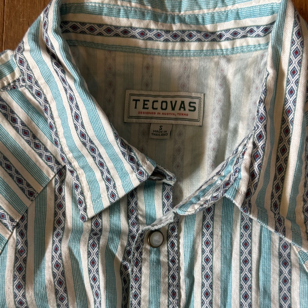 Tecovas Aqua and White Striped Men's Button-Down Western Shirt - Picture 2 of 5